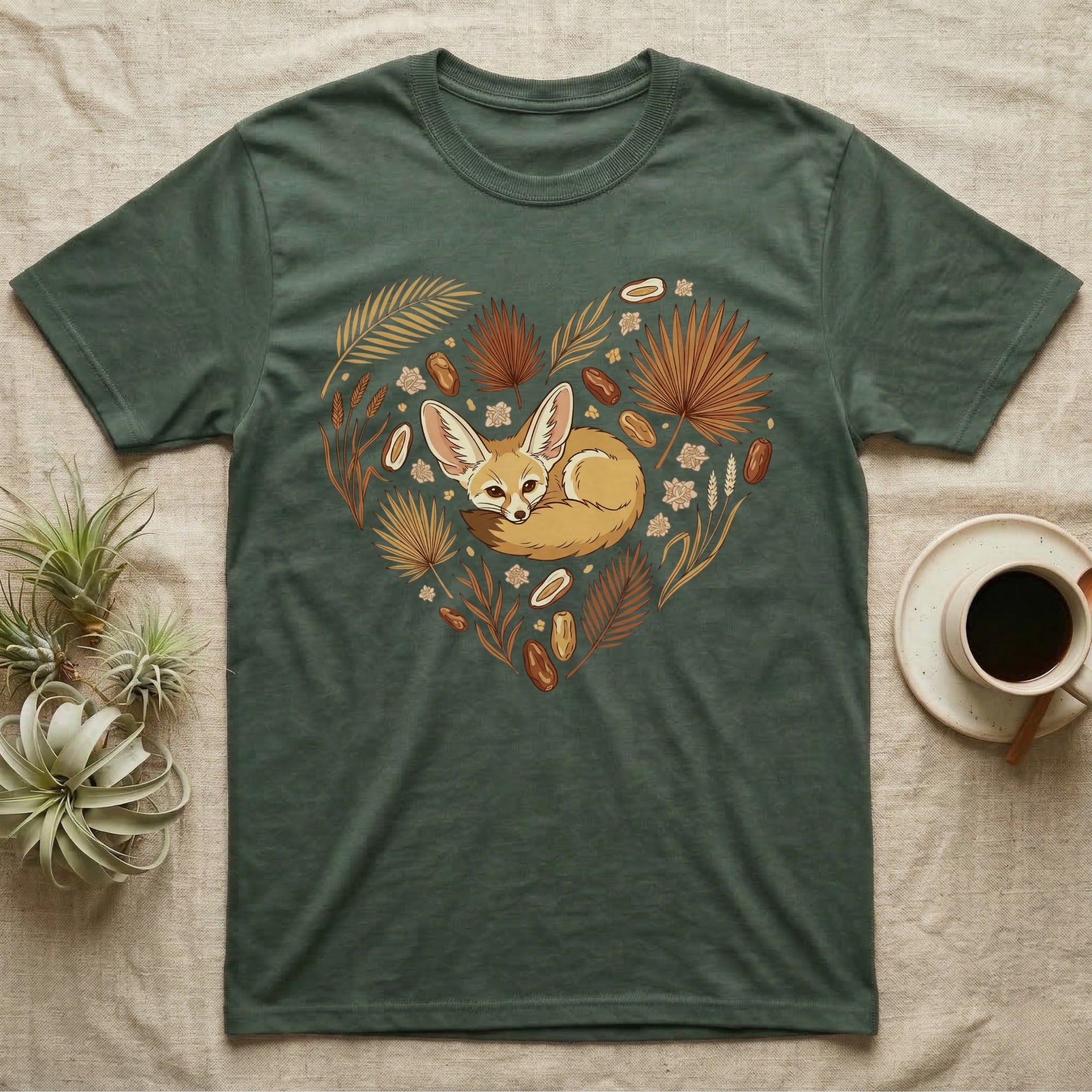 Green t-shirt with a fennec fox in a heart-shaped floral design.