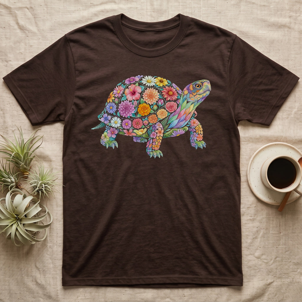 Box Turtle Mosaic T-Shirt in Dark Chocolate — An eastern box turtle on a rising diagonal, its domed shell and legs built from painted watercolour flowers and leaves.