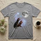 Red-Eyed Crocodile Skink Moon Howl T-Shirt in Sport Grey — Three Red-Eyed Crocodile Skink colour morphs howling at a full moon over a nebula on a dark grey t-shirt.