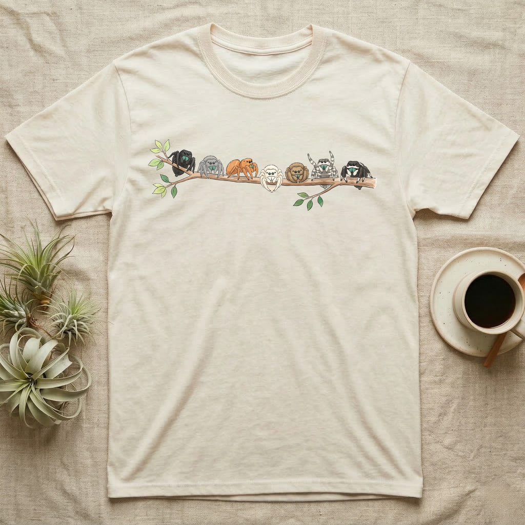 Regal Jumping Spider Canopy Crew T-Shirt in Natural — Watercolor illustration of seven regal jumping spiders in colour morphs on a branch, dark grey T-shirt design.