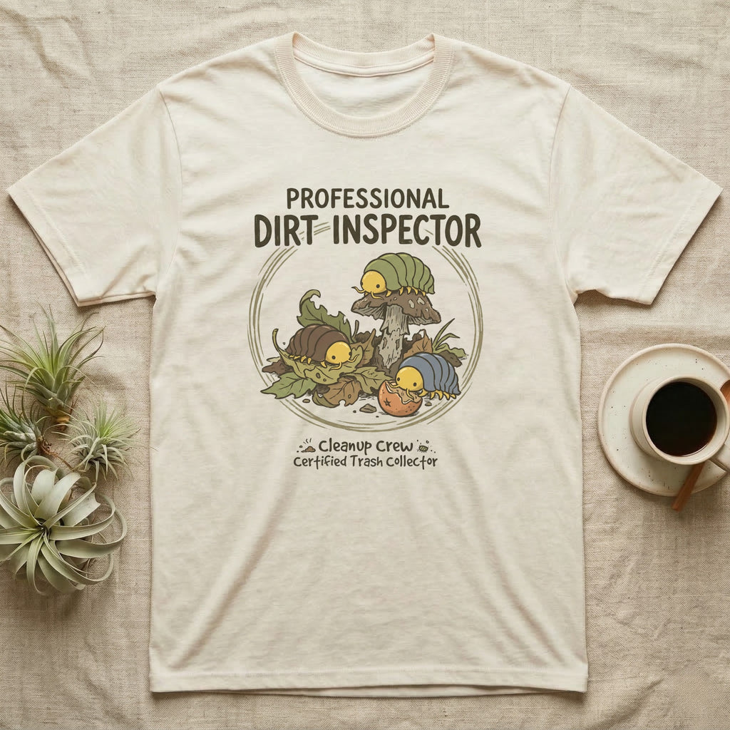 Cream t-shirt with cartoon caterpillars and mushrooms; "Professional Dirt Inspector".