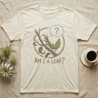 Stick insect on a branch with a question mark and text "AM I A LEAF?".