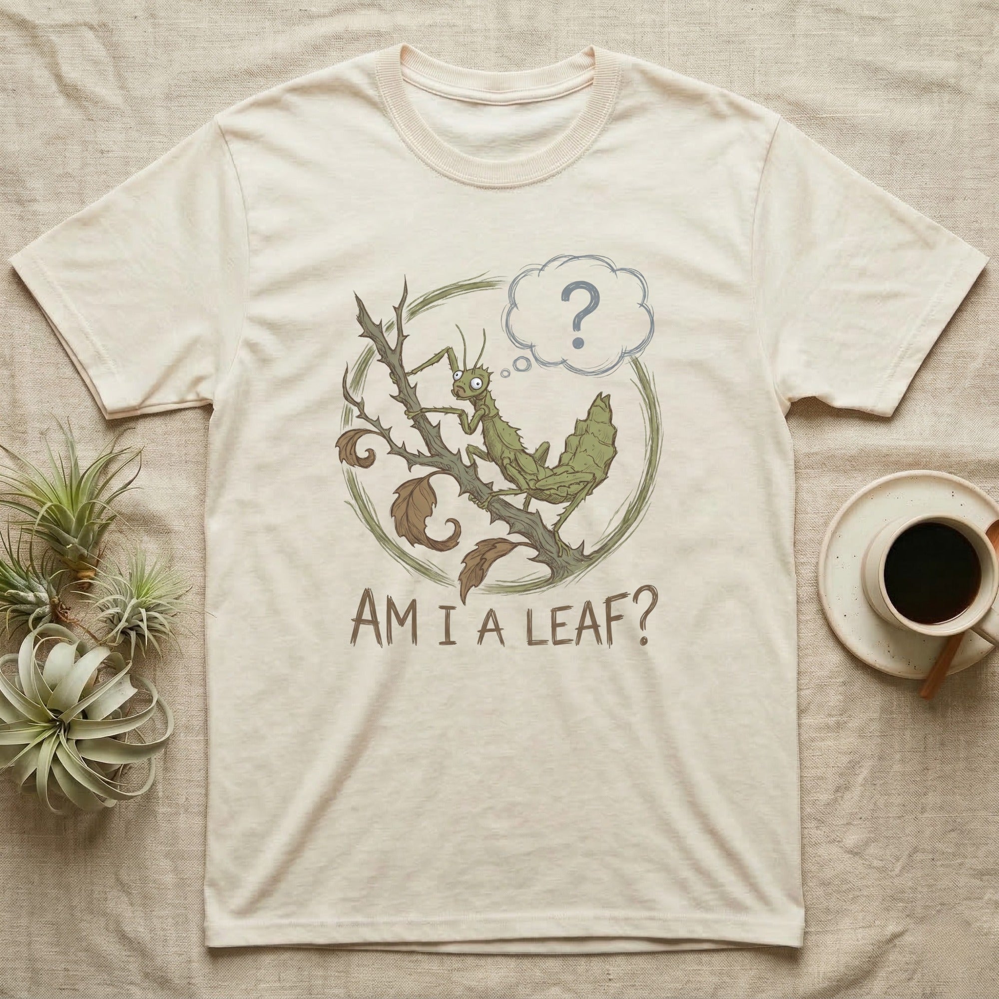 Stick insect on a branch with a question mark and text "AM I A LEAF?".