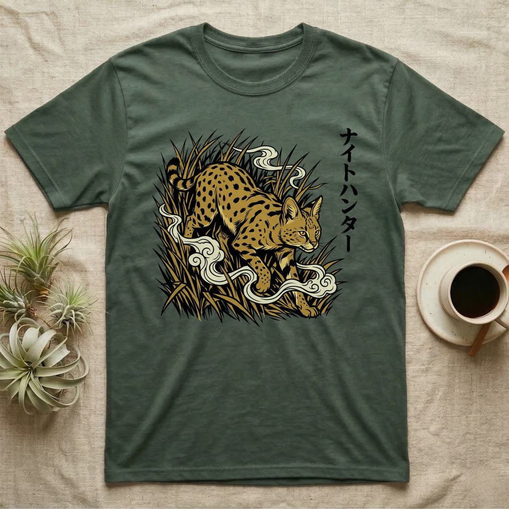 Green t-shirt with a serval cat illustration and Japanese text.
