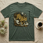 Green t-shirt with a serval cat illustration and Japanese text.