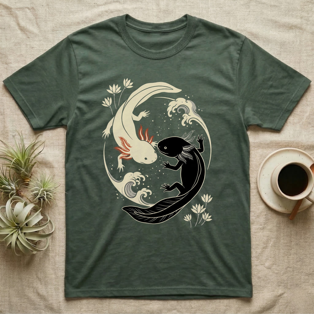 Axolotl Yin-Yang T-Shirt in Military Green — Japanese woodblock style print of a cream axolotl with red gills and a black axolotl curled nose to nose into a circle with waves and water lilies
