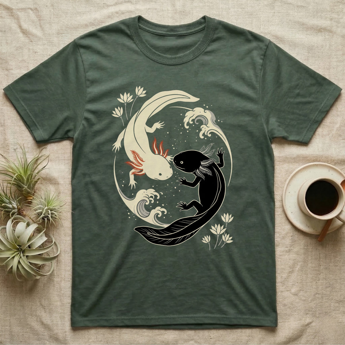 Axolotl Yin-Yang T-Shirt in Military Green — Japanese woodblock style print of a cream axolotl with red gills and a black axolotl curled nose to nose into a circle with waves and water lilies