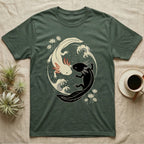 Axolotl Yin-Yang T-Shirt in Military Green — Japanese woodblock style print of a cream axolotl with red gills and a black axolotl curled nose to nose into a circle with waves and water lilies