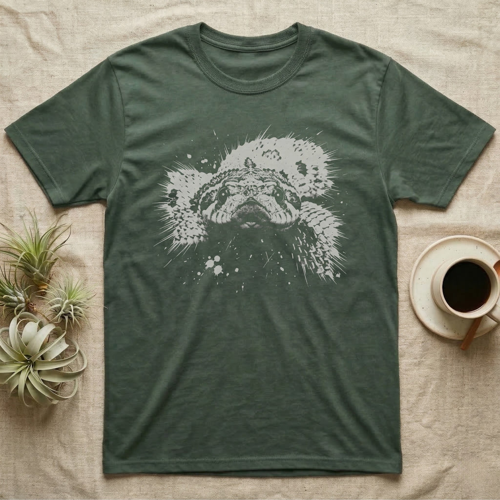 Western Hognose Macro T-Shirt in Military Green — Western hognose snake face in extreme close-up, crushed to one pale ink on black with the upturned snout centred.
