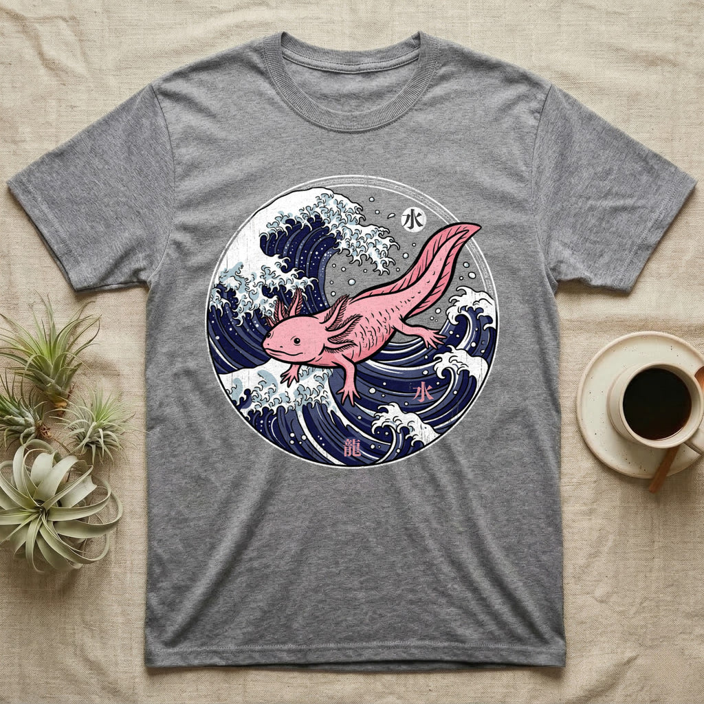 Grey t-shirt with a pink axolotl swimming through stylized waves.
