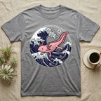 Grey t-shirt with a pink axolotl swimming through stylized waves.