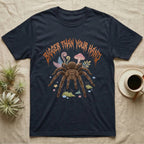 Goliath Birdeater Feral T-Shirt in Navy — Goliath birdeater tarantula with bristly legs spread under jagged copper metal text BIGGER THAN YOUR HAND