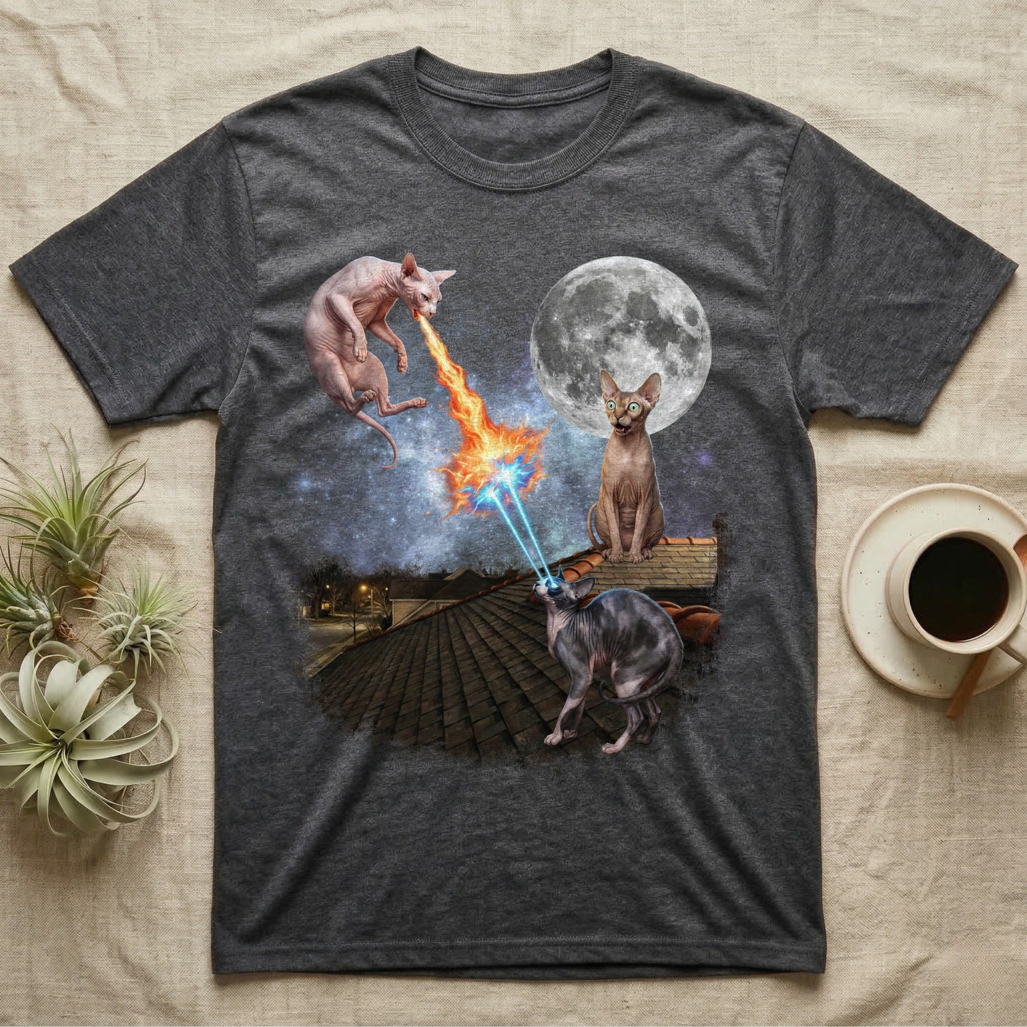Sphynx cats with laser eyes battle on a rooftop under a full moon.