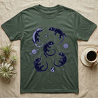 Crested Gecko Cosmic T-Shirt in Military Green — Vintage screen-print illustration of crested geckos in astronaut helmets floating in space, deep cosmic indigo monochromatic on dark background.