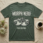 Pied Ball Python Morph T-Shirt in Military Green — Grunge type "Morph Nerd" with a small pied-morph ball python coiled mid-design and "Pied Edition" caption beneath.