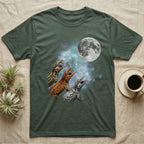 Gargoyle Gecko Moon Howl T-Shirt in Military Green — Three Gargoyle Gecko colour morphs howling at a full moon over a nebula on a dark grey t-shirt.