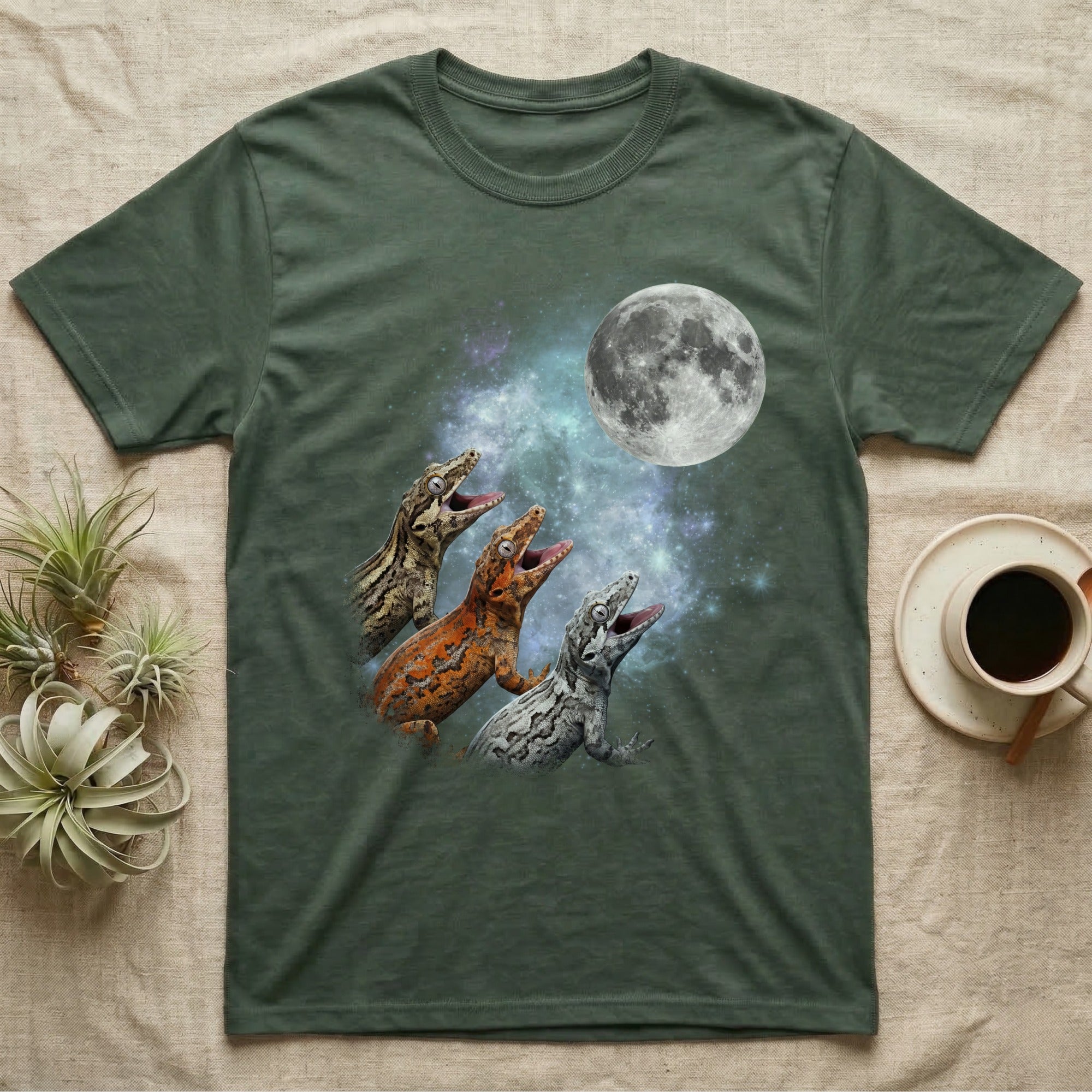 Gargoyle Gecko Moon Howl T-Shirt in Military Green — Three Gargoyle Gecko colour morphs howling at a full moon over a nebula on a dark grey t-shirt.