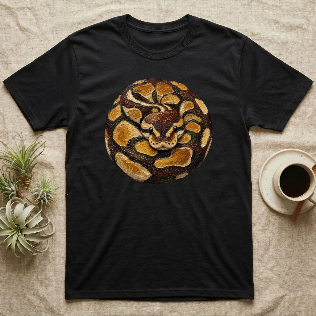 Black t-shirt with coiled python snake graphic.