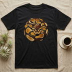 Black t-shirt with coiled python snake graphic.