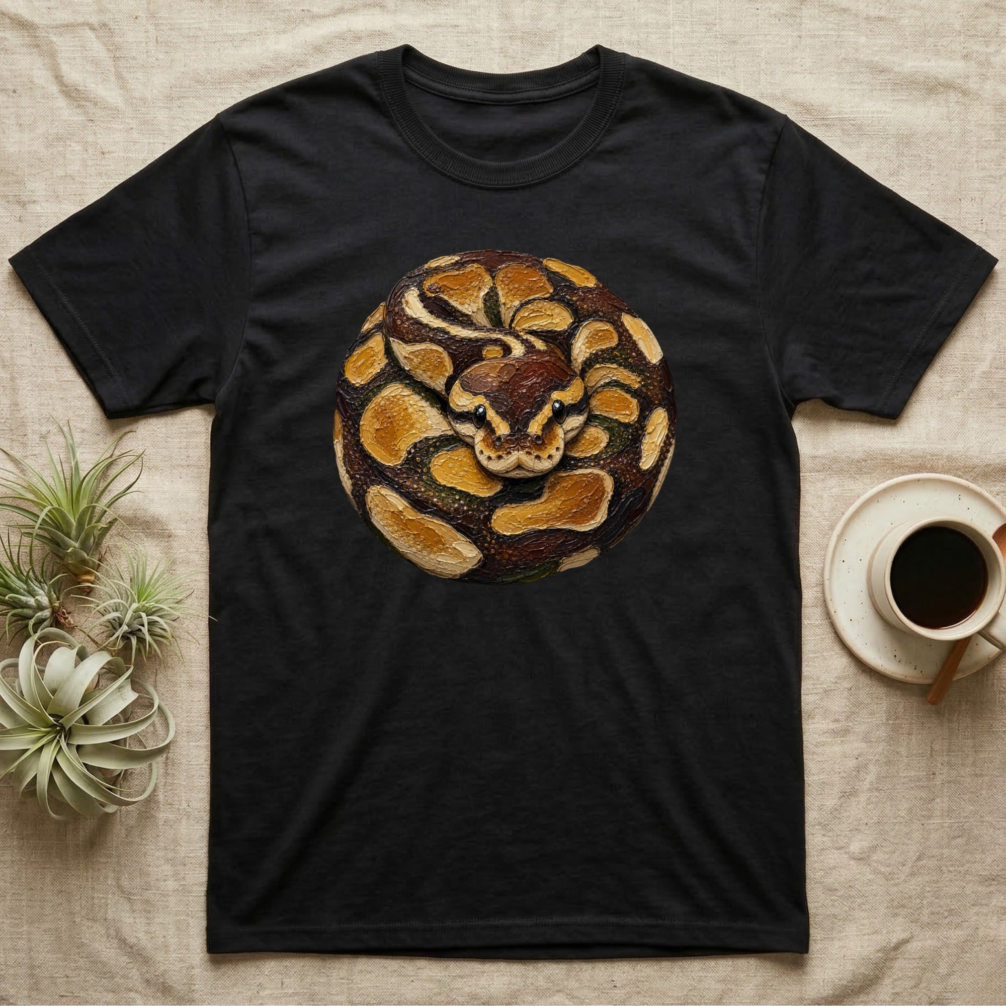 Black t-shirt with coiled python snake graphic.