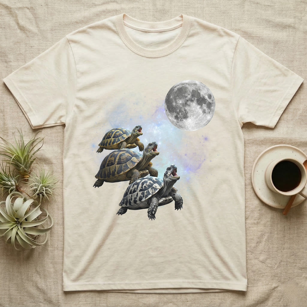 Hermann's Tortoise Moon Howl T-Shirt in Natural — Three Hermann's Tortoise colour morphs howling at a full moon over a nebula on a dark grey t-shirt.