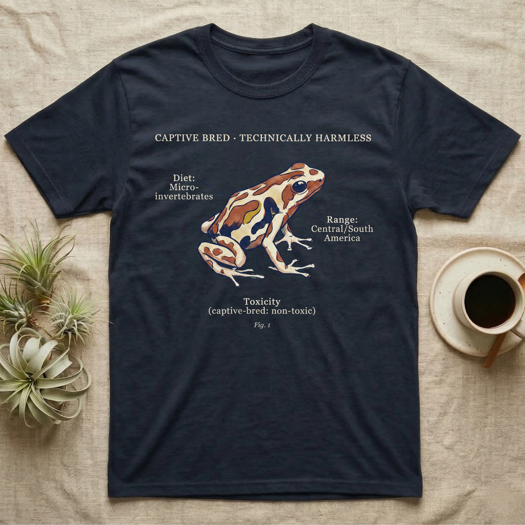Captive Bred Dart Frog T-Shirt in Navy — Retro science-plate illustration of a labeled dart frog with field-guide callouts and a captive-bred non-toxic note.
