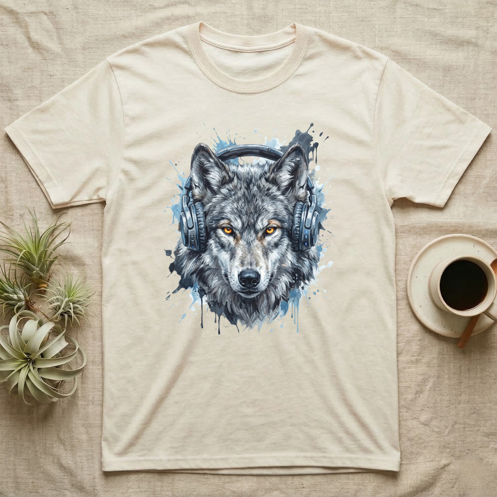 T-shirt featuring a detailed illustration of a wolf wearing headphones.