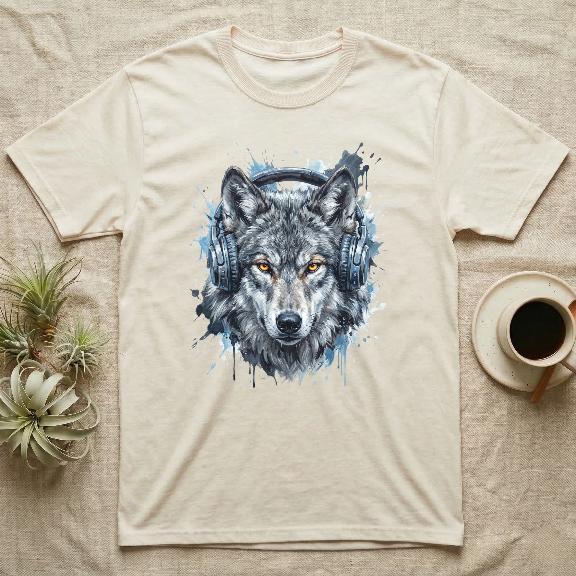 T-shirt featuring a detailed illustration of a wolf wearing headphones.