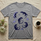 Crested Gecko Cosmic T-Shirt in Sport Grey — Vintage screen-print illustration of crested geckos in astronaut helmets floating in space, deep cosmic indigo monochromatic on dark background.