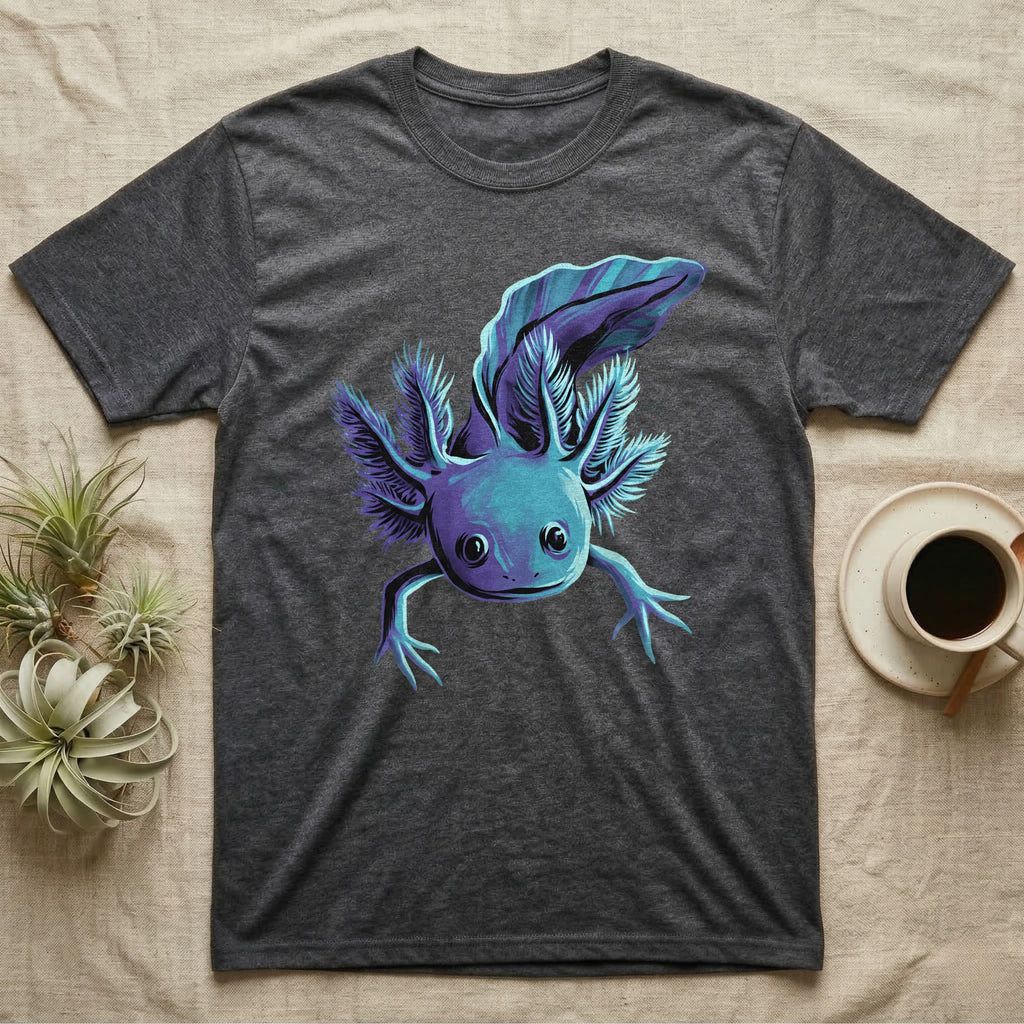 Neon cyan and purple illustration of a floating axolotl with spread gill plumes in a glowing bioluminescent style, no on-shirt text. — shown on a Dark Heather tee.