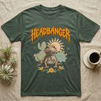 Central Bearded Dragon Feral T-Shirt in Military Green — Baby bearded dragon in a pastel desert scene under a spiky amber metal wordmark reading HEADBANGER.