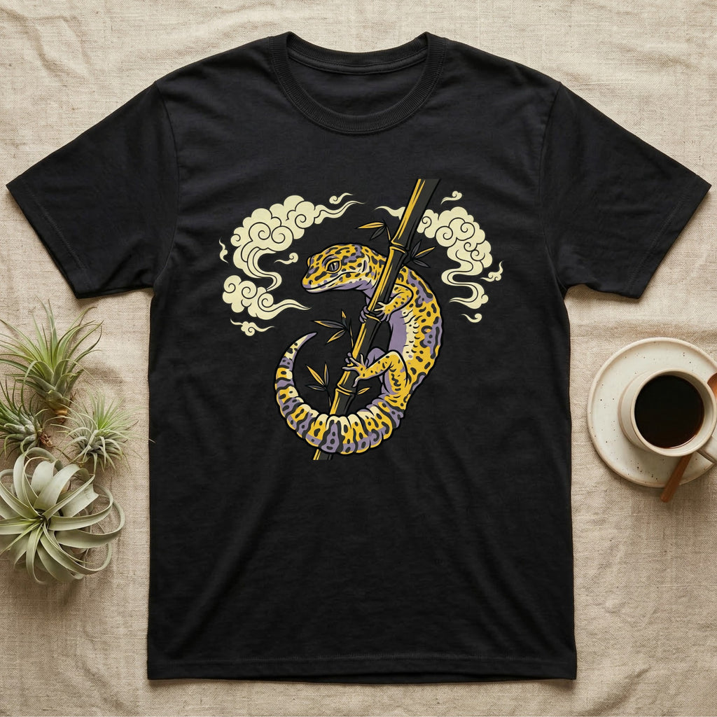 Black t-shirt with leopard gecko on bamboo and clouds graphic.