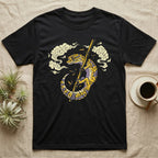 Black t-shirt with leopard gecko on bamboo and clouds graphic.