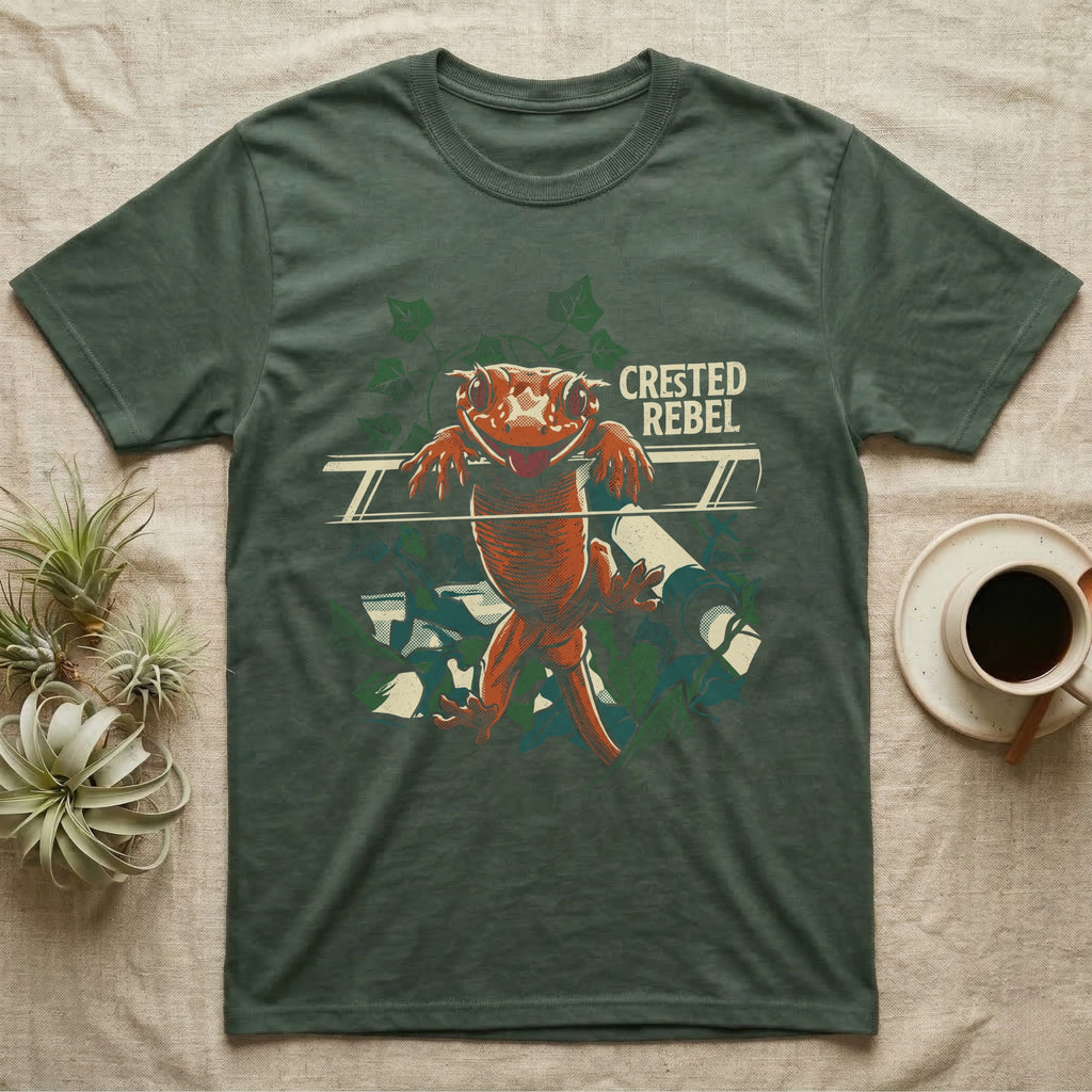 Illustration of a crested gecko hanging tongue-out over a rail among ivy leaves, bold distressed lettering reading Crested Rebel. — shown on a Military Green tee.