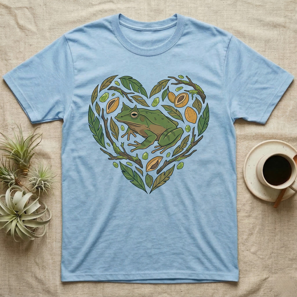 Light blue t-shirt with a green frog and heart-shaped nature design.