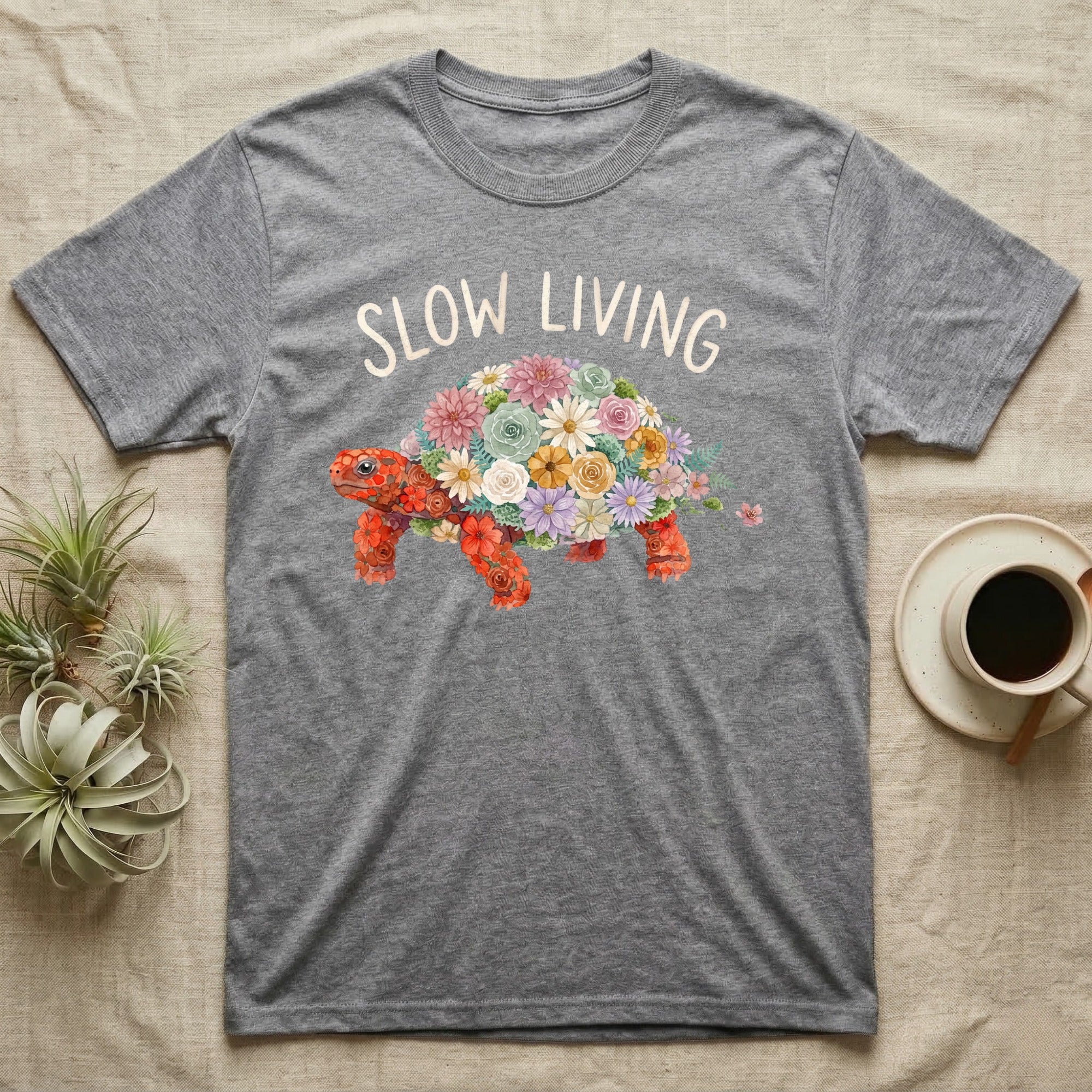 Red-Foot Tortoise Slow Living T-Shirt in Sport Grey — Flat watercolour mosaic of a red-foot tortoise built entirely from terrarium flowers and ferns.