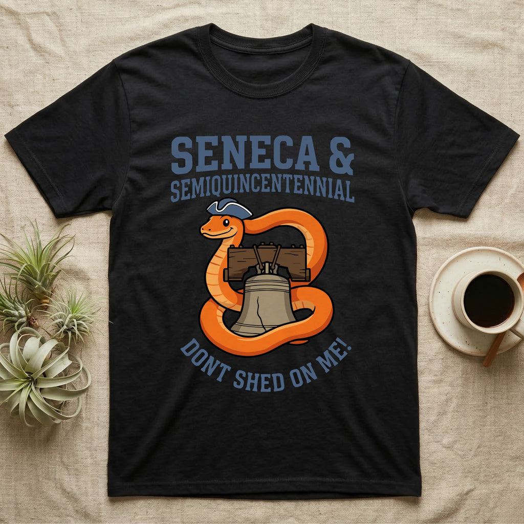 Corn Snake Don't Shed T-Shirt in Black — Cartoon orange snake in a tricorn hat coiled around the Liberty Bell with text Don't Shed On Me.