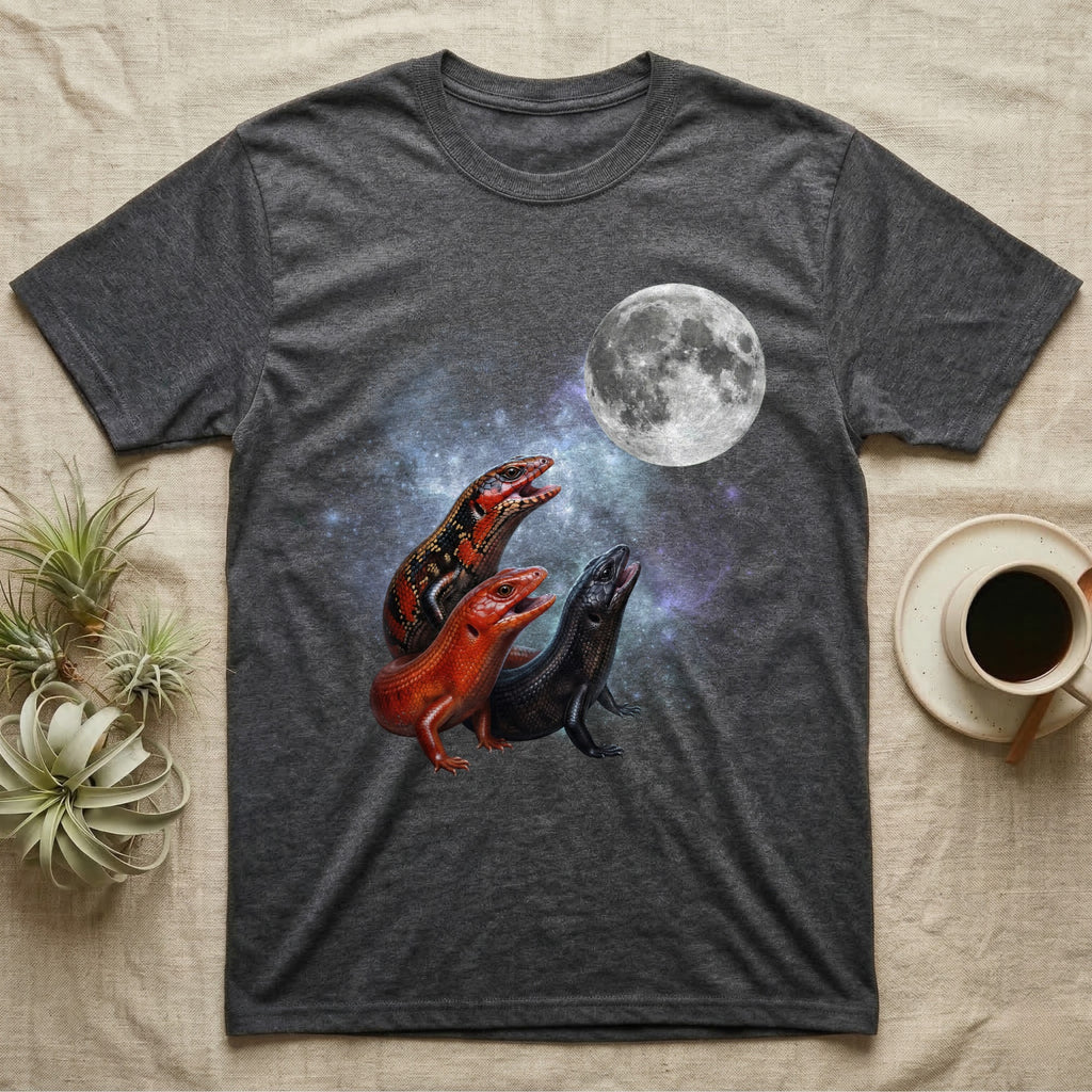 Fire Skink Moon Howl T-Shirt in Dark Heather — Three Fire Skink colour morphs howling at a full moon over a nebula on a dark grey t-shirt.