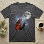 Fire Skink Moon Howl T-Shirt in Dark Heather — Three Fire Skink colour morphs howling at a full moon over a nebula on a dark grey t-shirt.