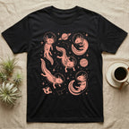 Axolotl Cosmic T-Shirt in Black — Vintage screen-print illustration of axolotls in astronaut helmets floating in space, soft coral monochromatic on dark background.