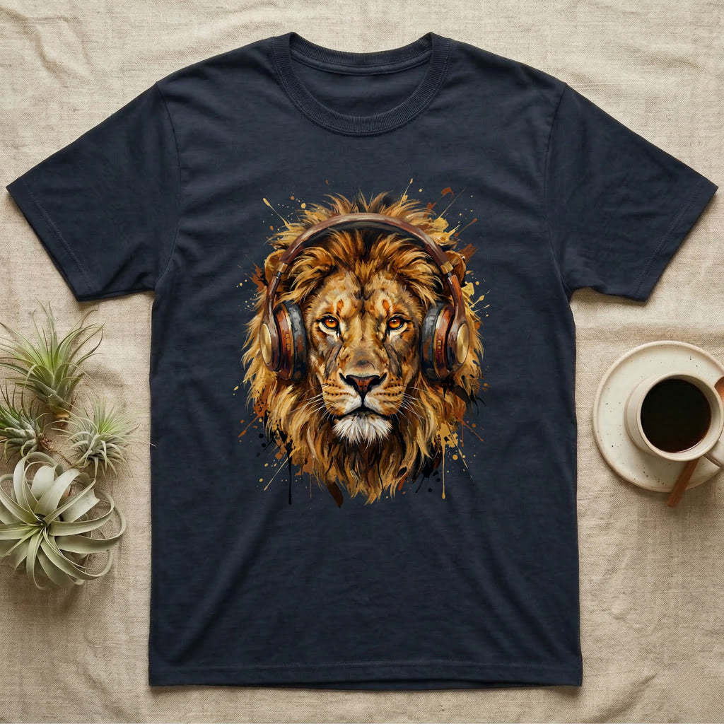 Lion wearing headphones with paint splatters on dark t-shirt.