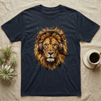 Lion wearing headphones with paint splatters on dark t-shirt.
