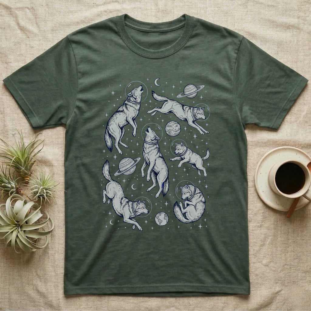 Green t-shirt with howling wolves and planets in space design.
