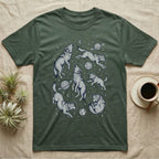 Green t-shirt with howling wolves and planets in space design.