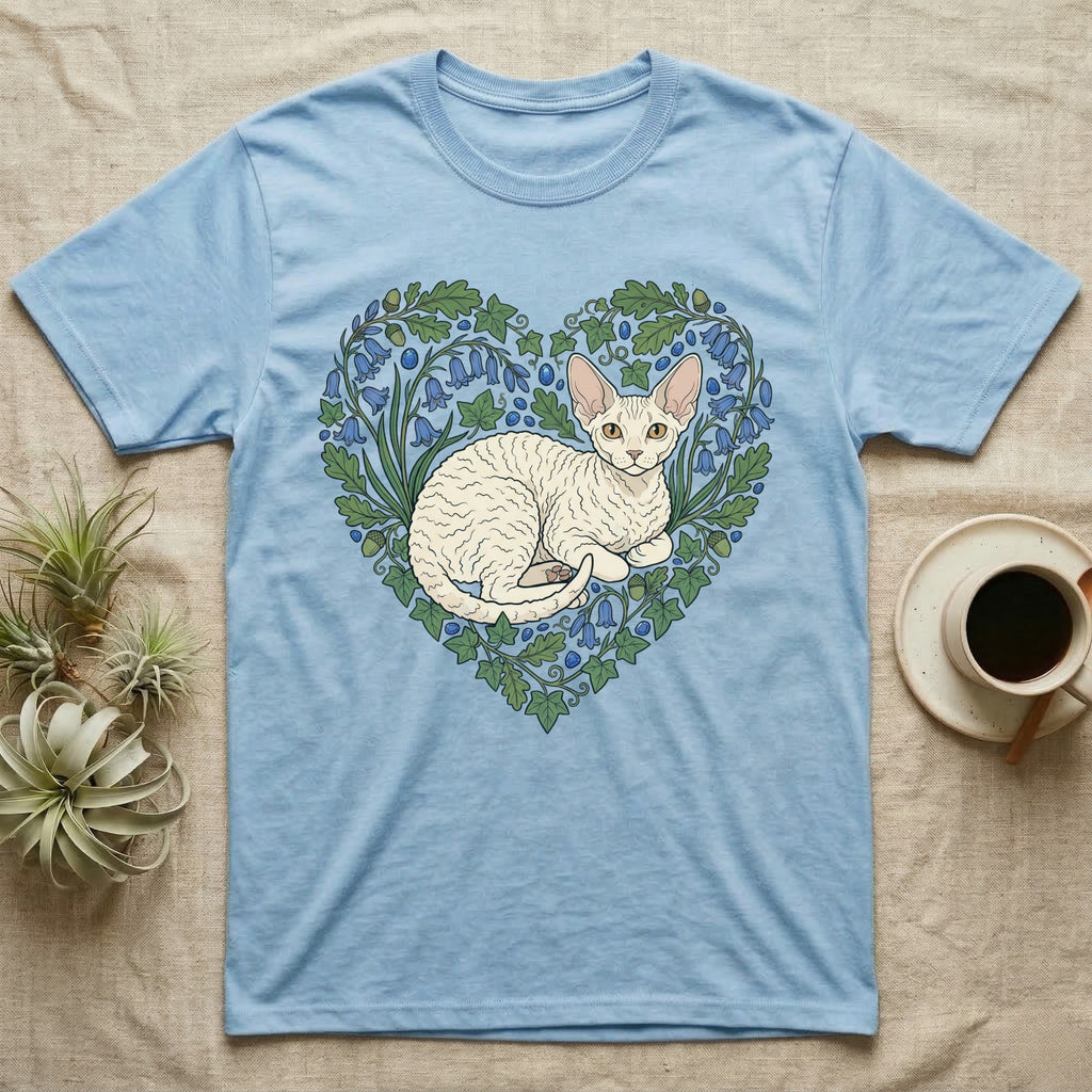 Light blue t-shirt with a heart-shaped botanical design featuring a Cornish Rex cat.