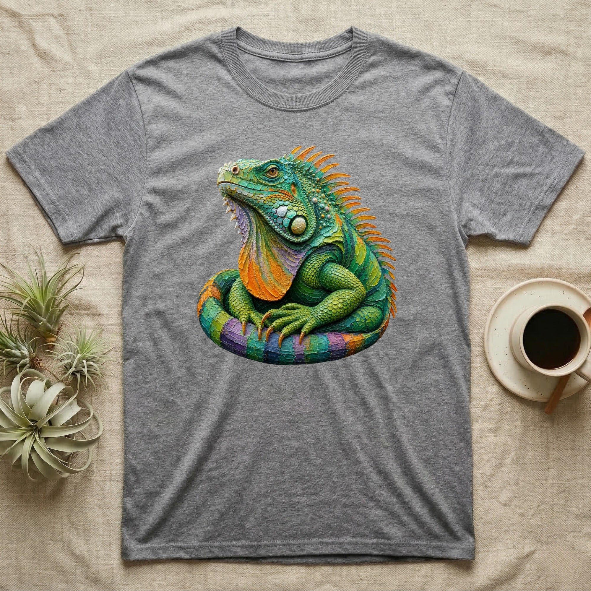 Gray t-shirt featuring a vibrant, coiled green iguana illustration.