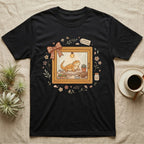 Black t-shirt with bearded dragon enclosure graphic and coffee.