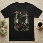 Cubaris Isopod Home Range T-Shirt in Black — Woodcut-style illustration of a Cubaris isopod walking across leaf litter with cypress knees and saplings behind, no on-shirt text.