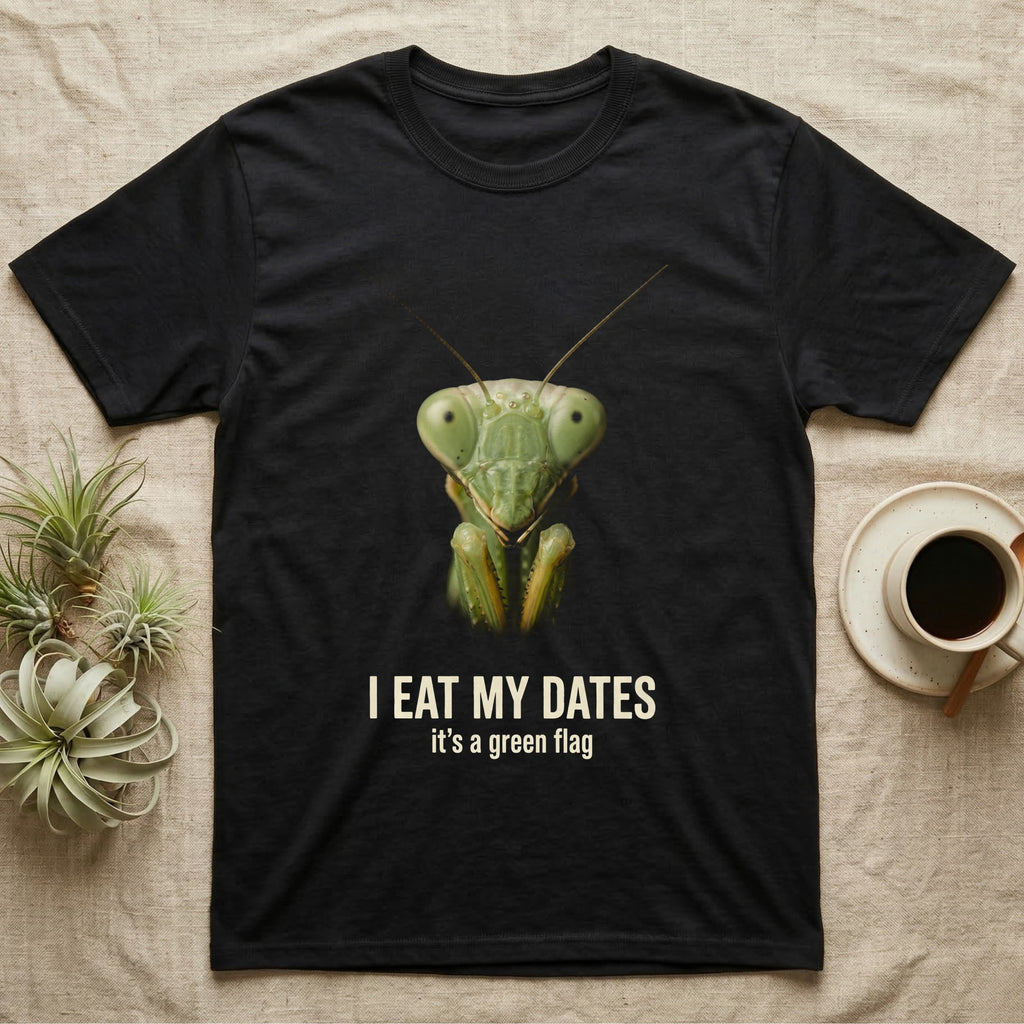 Deadpan macro mugshot of a green praying mantis on black, captioned I eat my dates, it's a green flag. — shown on a Black tee.
