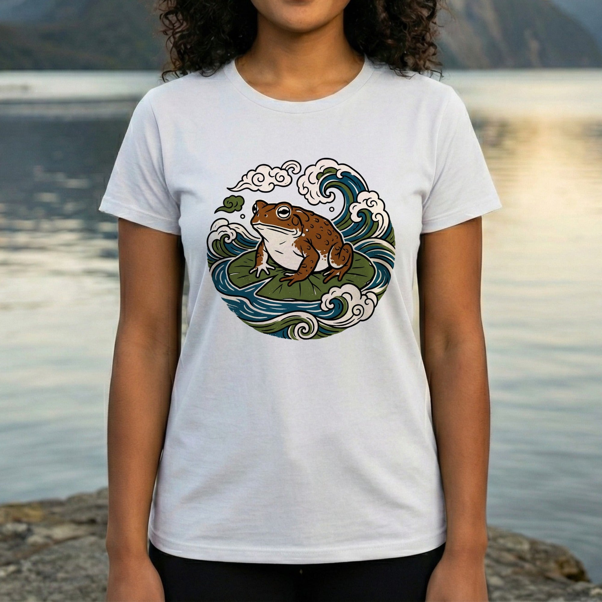 Frog on Lily Pad Japanese Style Waves Artwork Shirt